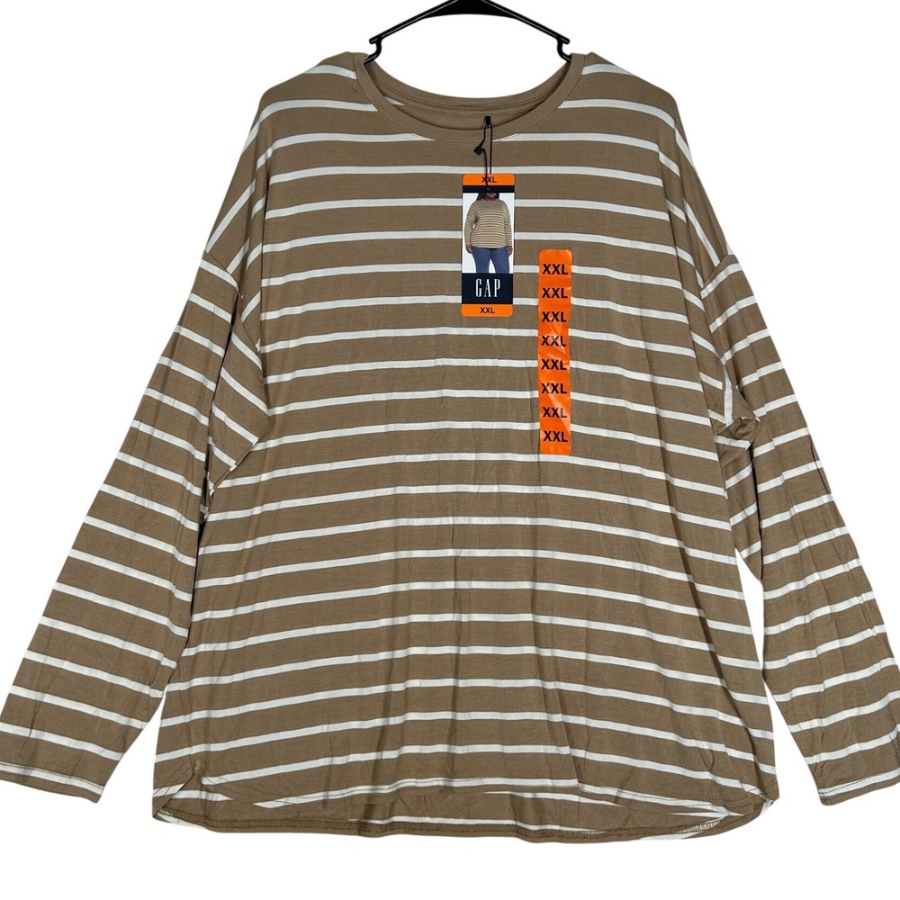 Gap Tan and White Striped Long-Sleeve Tee Shirt‎ Women's Size XXL NWT